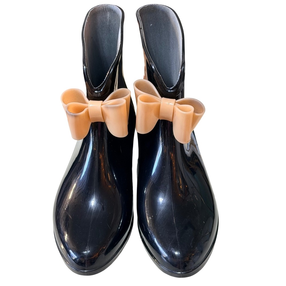 Jelly Rain Boots Womens 8 Black Peach Bow Ankle Waterproof Glossy Cute Coquette